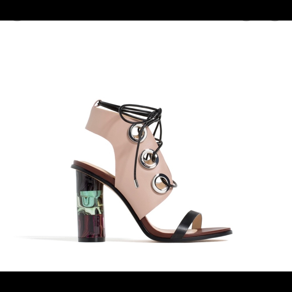 Zara Art Deco Sandals 40 Pink Silver and Green 9.5 10 Burgundy